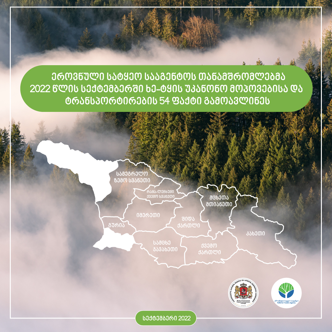 ეროვნული სატყეო სააგენტოს თანამშრომლებმა, მიმდინარე წლის სექტემბერში, ხე-ტყის უკანონო მოპოვებისა და ტრანსპორტირების  54 ფაქტი გამოავლინეს