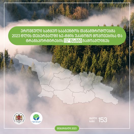  სსიპ ეროვნული სატყეო სააგენტოს თანამშრომლებმა, 2023 წლის თებერვლის თვეში ხე-ტყის უკანონო მოპოვებისა და ტრანსპორტირების 117 ფაქტი გამოავლინეს 