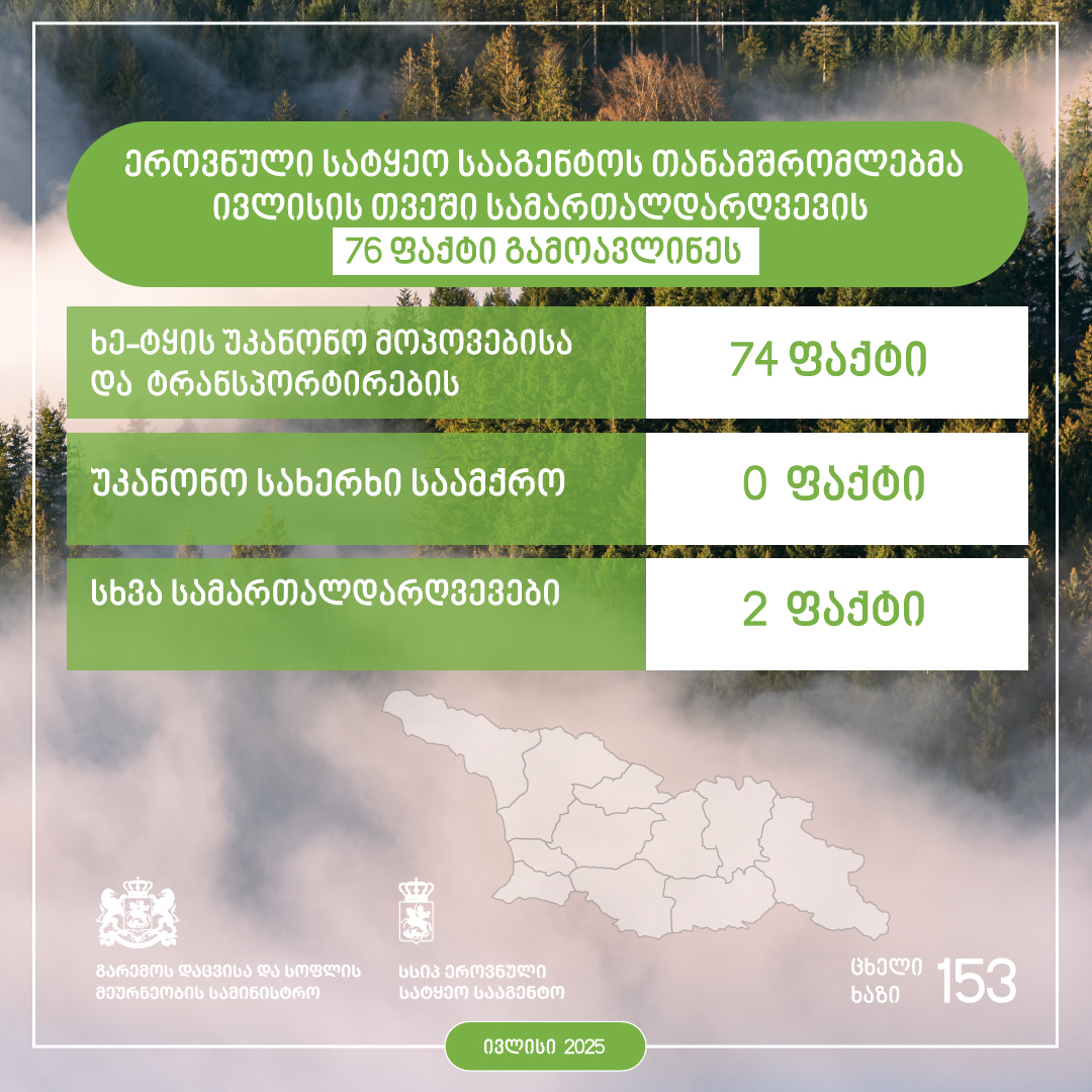 ხე-ტყის უკანონო მოპოვებისა და ტრანსპორტირების ივლისის თვის სტატისტიკა